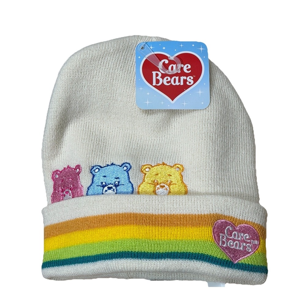 Care Bears Beanie Hat NWT White Rainbow Stripe Cheer Grumpy Funshine Bear Kawaii